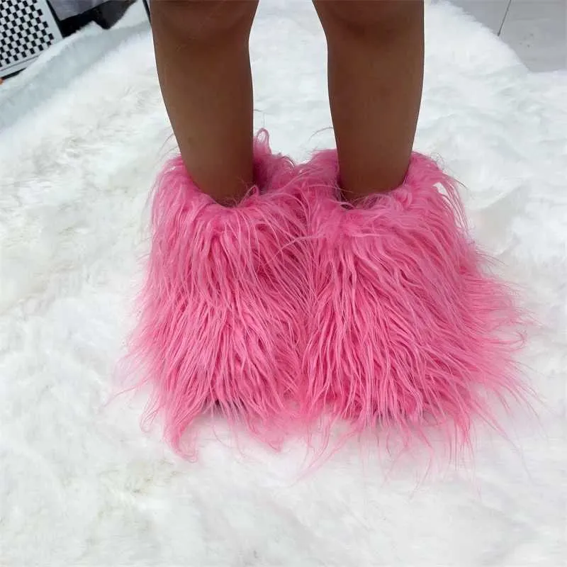 Hot Kids Warm Fur Boots Kids Winter Plush Faux Fur Snow Boots Ladies Furry Outdoor Slip On Shoes Female Cozy Fuzzy Cotton Boot