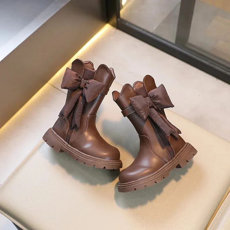 Ботинки, милые детские модные ботинки с большим бантом для девочек, зимние детские нескользящие ботильоны принцессы, простые корейские ботильоны из искусственной кожи 231123