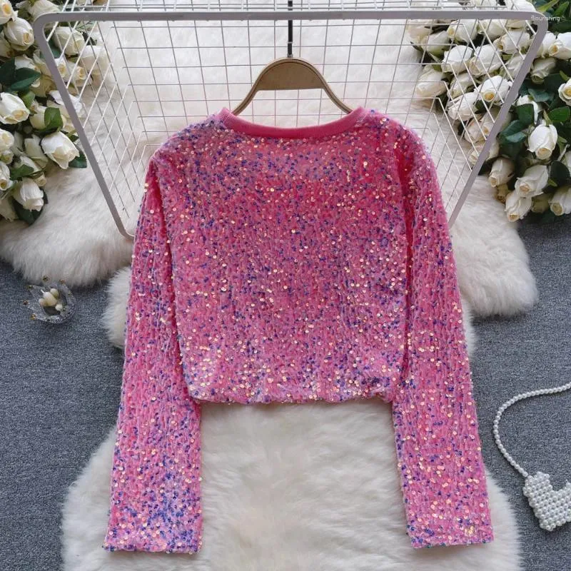 Women's T Shirts Elegant Vintage Glitter Sequin Long Sleeve O Neck Loose Blouse Chic Casual Top Women Korean Fashion Slim Spring Autumn