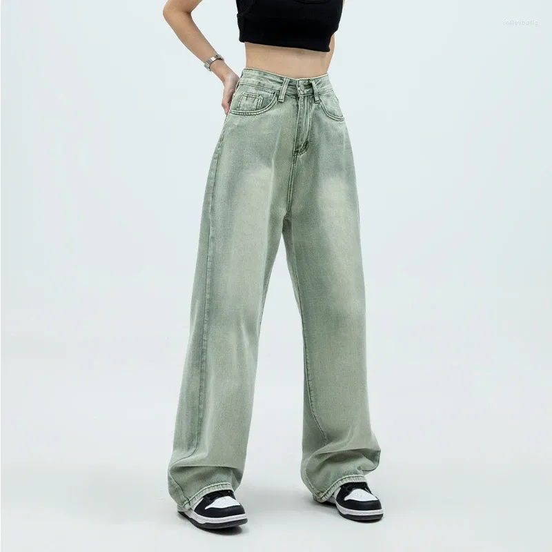 Women's Jeans Green Summer Vintage Casual Fashion High Waist Straight Mopping Pants Lazy Wind Street Thin Baggy Wide Leg Denim Trouser