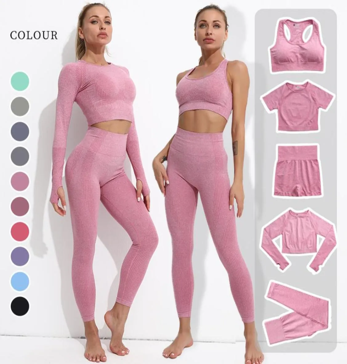 5-delige dames vitale naadloze yogakledingset workout sportkleding gymkleding shorts crop top met lange mouwen hoge taille leggings Fitne4522303