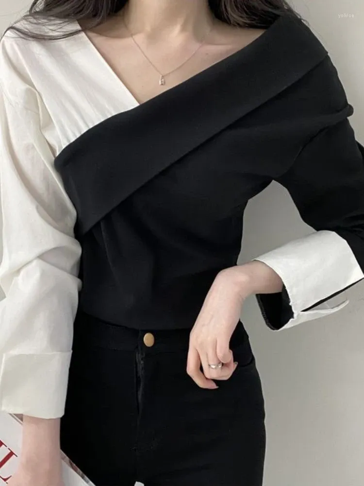Frauen Blusen Y2k Vintage Kerb Tops Koreanische Chic Kontrast Farbe Langarm Pullover 2023 Party Schlank Alle Match Shirts
