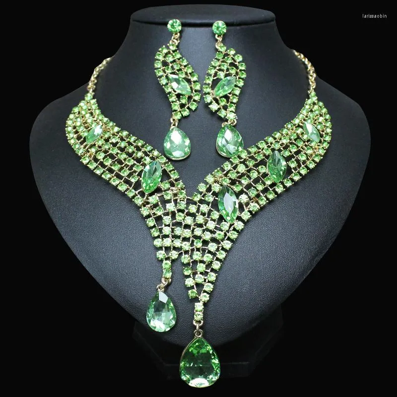 Halsband örhängen set elegant bröllop Big Green Water Drop Crystal Bridal Jewelry for Women Choker