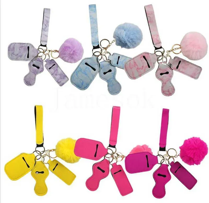 11 kleuren 5 stuks verdediging sleutelhanger set pompom handdesinfecterend polsbandje lippenstift sleutelhangers zilveren sleutelhanger voor vrouw mannen zelfverdediging LL