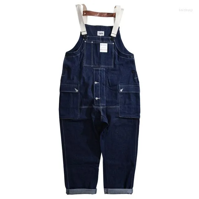 Mäns jeans Multi-Pocket Denim Overalls Mens Safari Style Casual Loose Cargo Pants Jumpsuit Men Dungarees