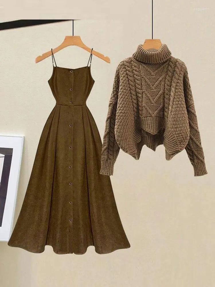 Work Dresses Autumn Winter Dress Sets For Women Outfits Ladies Warm Turtleneck Twist Knitted Sweater And Straped Two Piece 2023