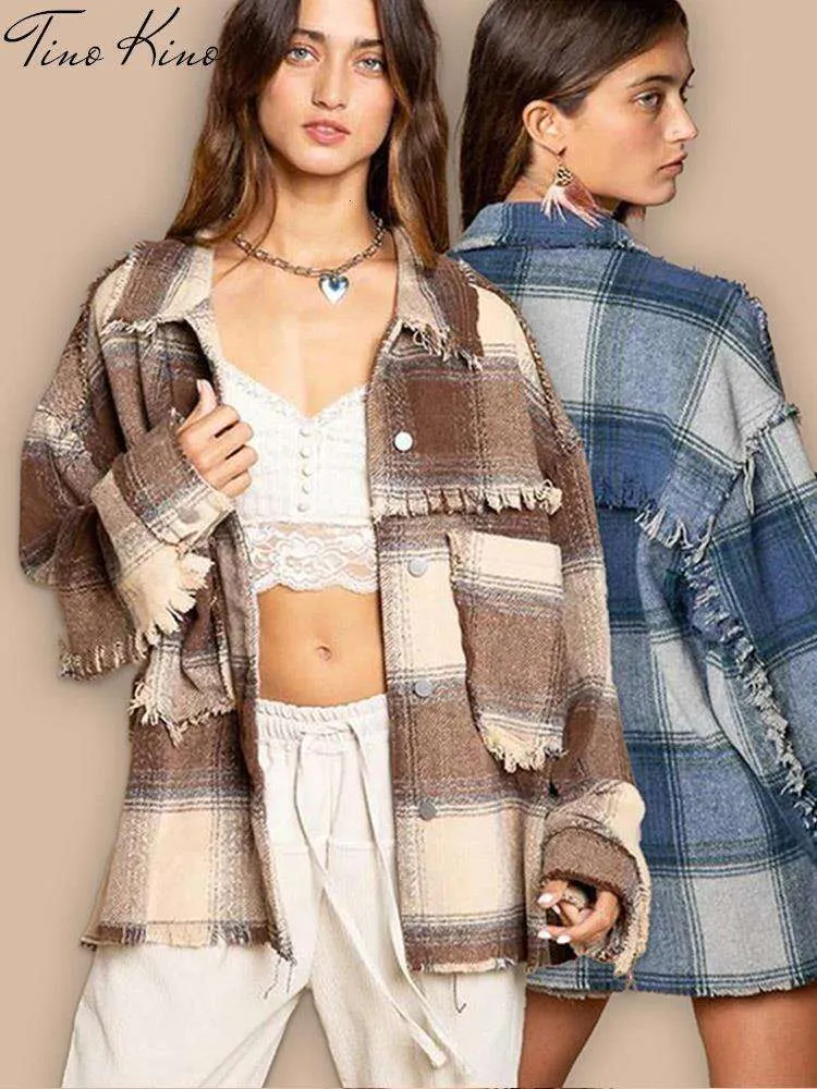 Tassel Woolen Jacka Kvinnor Autumn Plaid fransar långärmad fickficka kvinnlig förtjockad skjorta vridning krage lös dam outwear