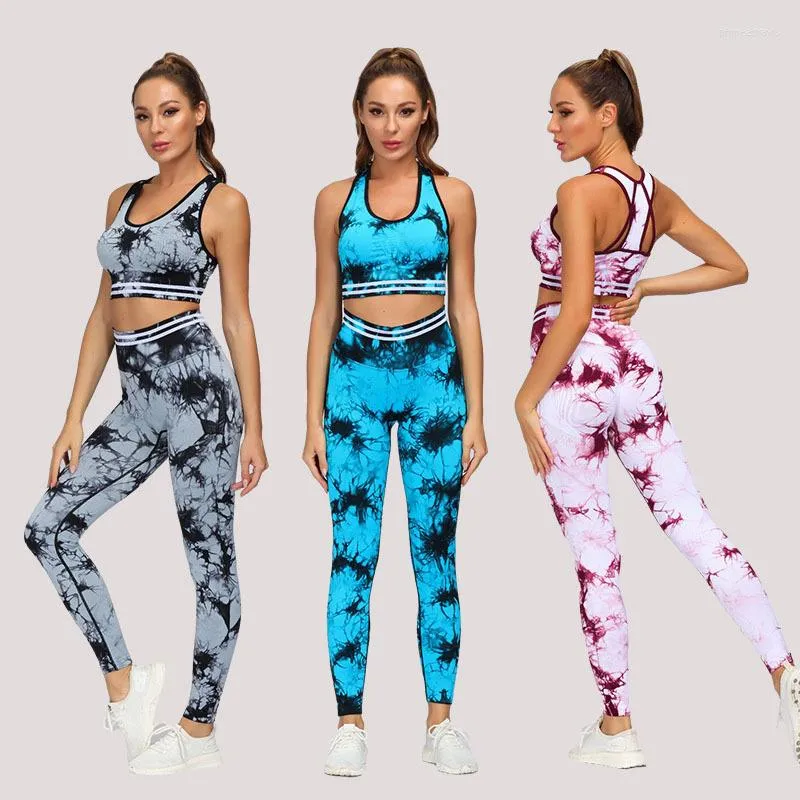 Set attivi primaverila ed estate tralla traspirante tintura sport fitness reggiseno ad alta vita con pantaloni a sollevamento dell'anca set di yoga senza cuciture