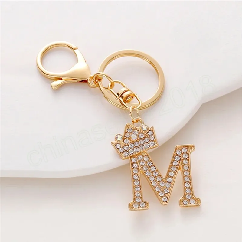 Luxe Rhinestone Crown 26 Letters Car Keychain Accessories Creative A-Z Initialen Gold Keyring Women Bag ornamenten