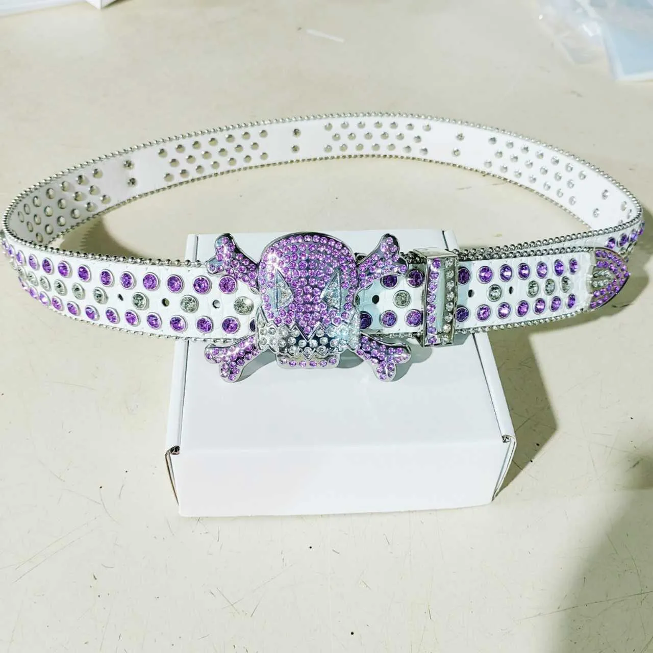 Designer New Skull Head Diamond Purple Shiny Leather Double Paddle Waist Belt