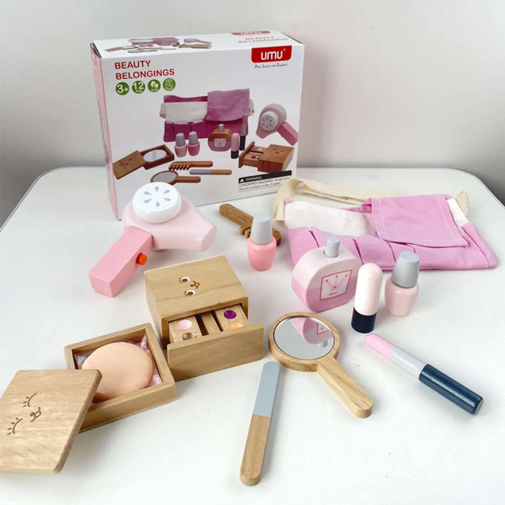 Nuovo tavolo da trucco simulato per bambini in legno Scatola da toeletta in stile familiare Giocattolo in legno per bambina in legno da 3-4 a 6 anni