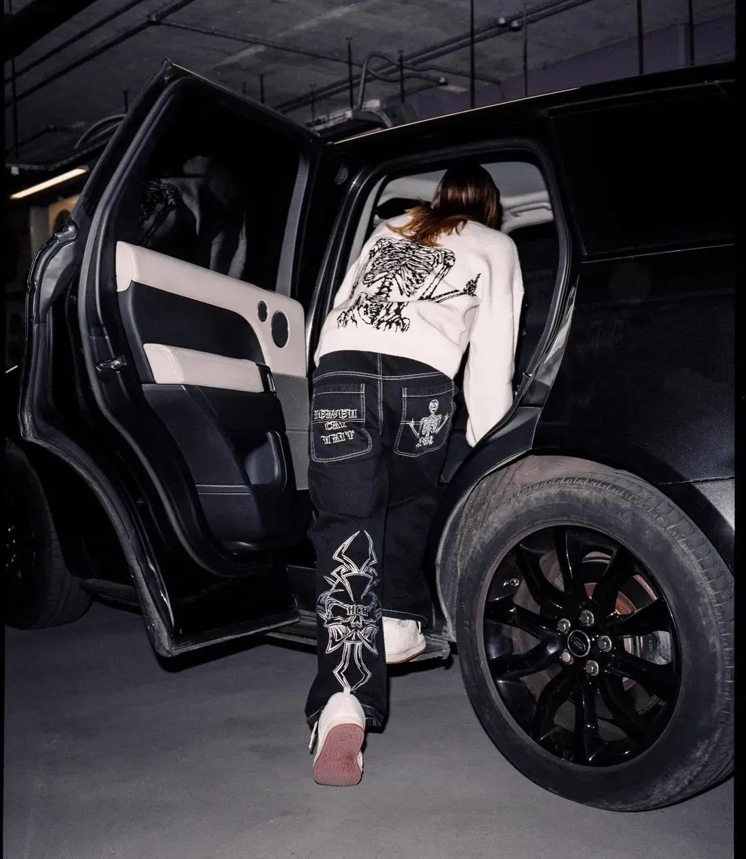 Y2K Black Retro Skull Demon Mens Jeans: High-Street Baggy
