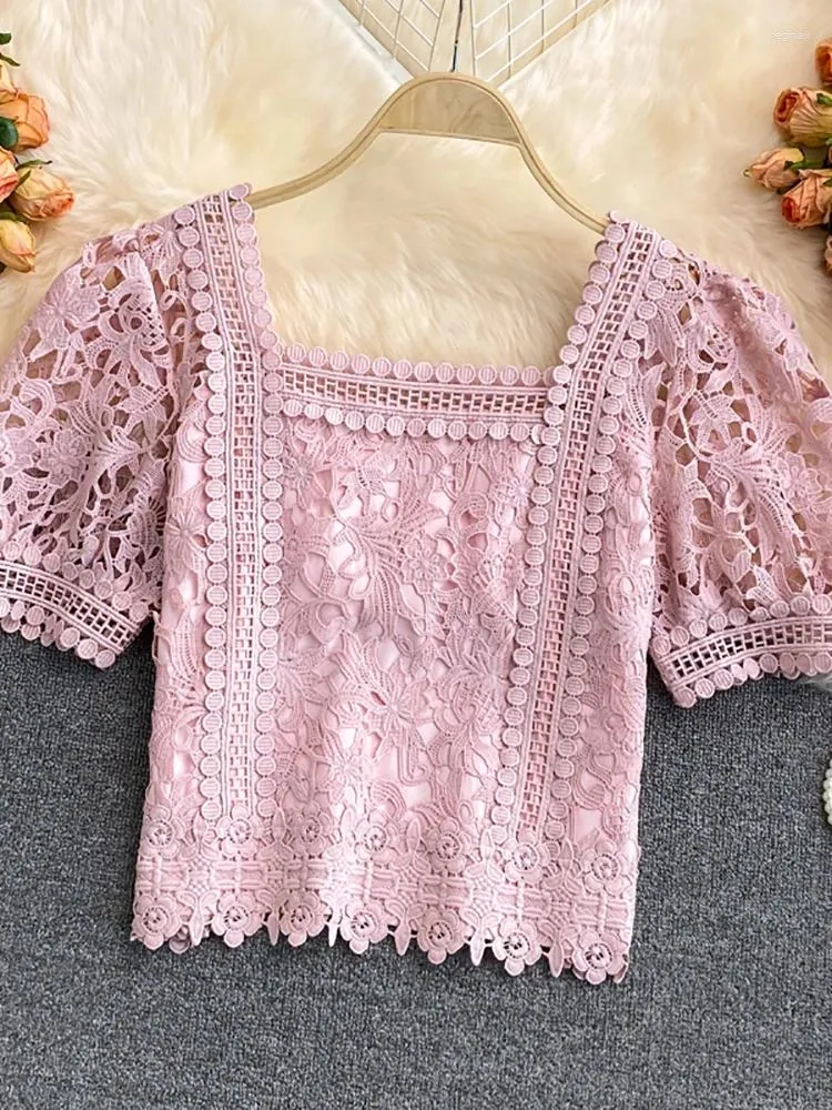 Women's Blouses Summer Vintage Hook Flower Hollow Short Blouse Women Pink/Blue/Black/White Puff Sleeve Square Collar Tops Female Elegant