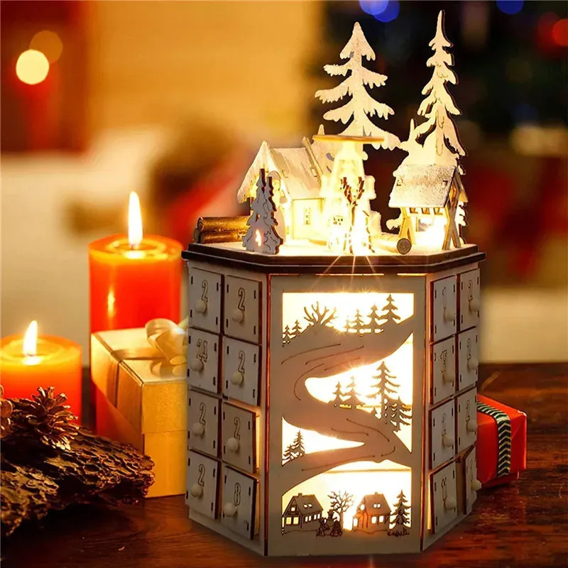 Led Rave Toy Musica rotante Giocattoli luminosi di Natale Luci a LED Calendari dell'Avvento in legno Ornamento Decorazione della casa Regali del festival per bambini 231123
