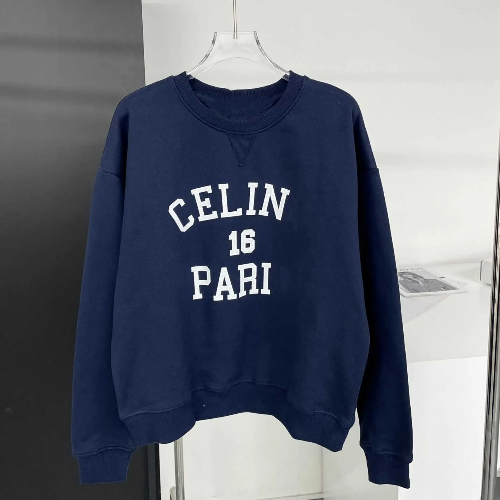 Autumnwinter Cel Navy Blue Cracked Letter Printed Velvet Round Neck Korean Edition Trendy Cotton Sweater