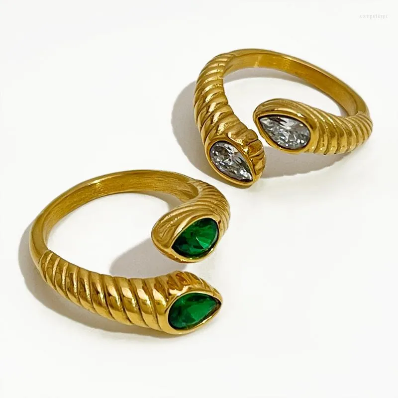 Anneaux De Mariage Minar En Gros Brillant Vert Couleur CZ Cubique Zircone Serpent Charme Pour Les Femmes En Acier Inoxydable Doré Ouvert Bague Bijoux