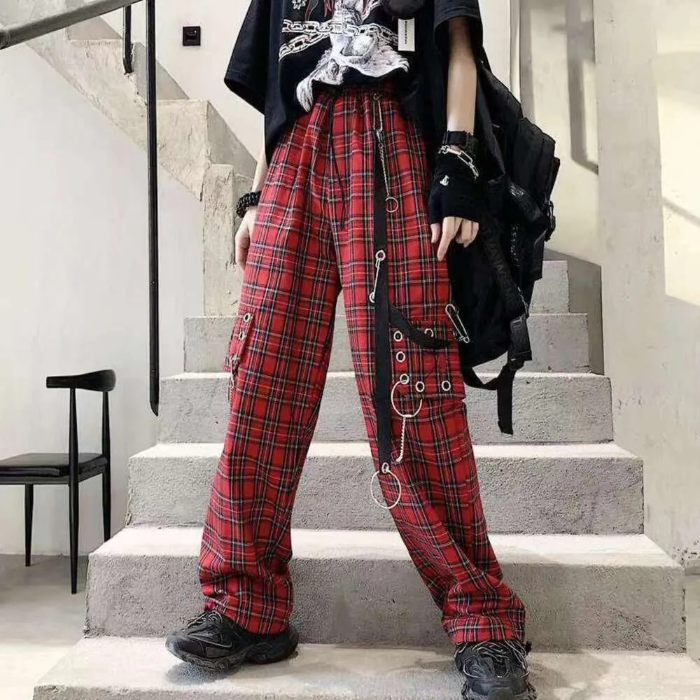 Hippie moda punkowa workowate cargo Plaid Pants Kobieta y k gotycka czerwona szachownica szerokich spodni na femme wiosna letnia streetwear