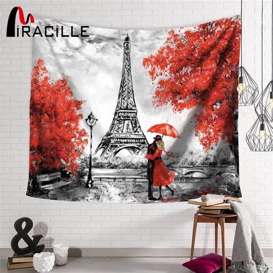 Miracille Europa Romantische Stadt Paris Eiffelturm Muster Tapisserie Wandbehang für Zuhause Dekorative Polyester Wand Tuch Teppich T2283R