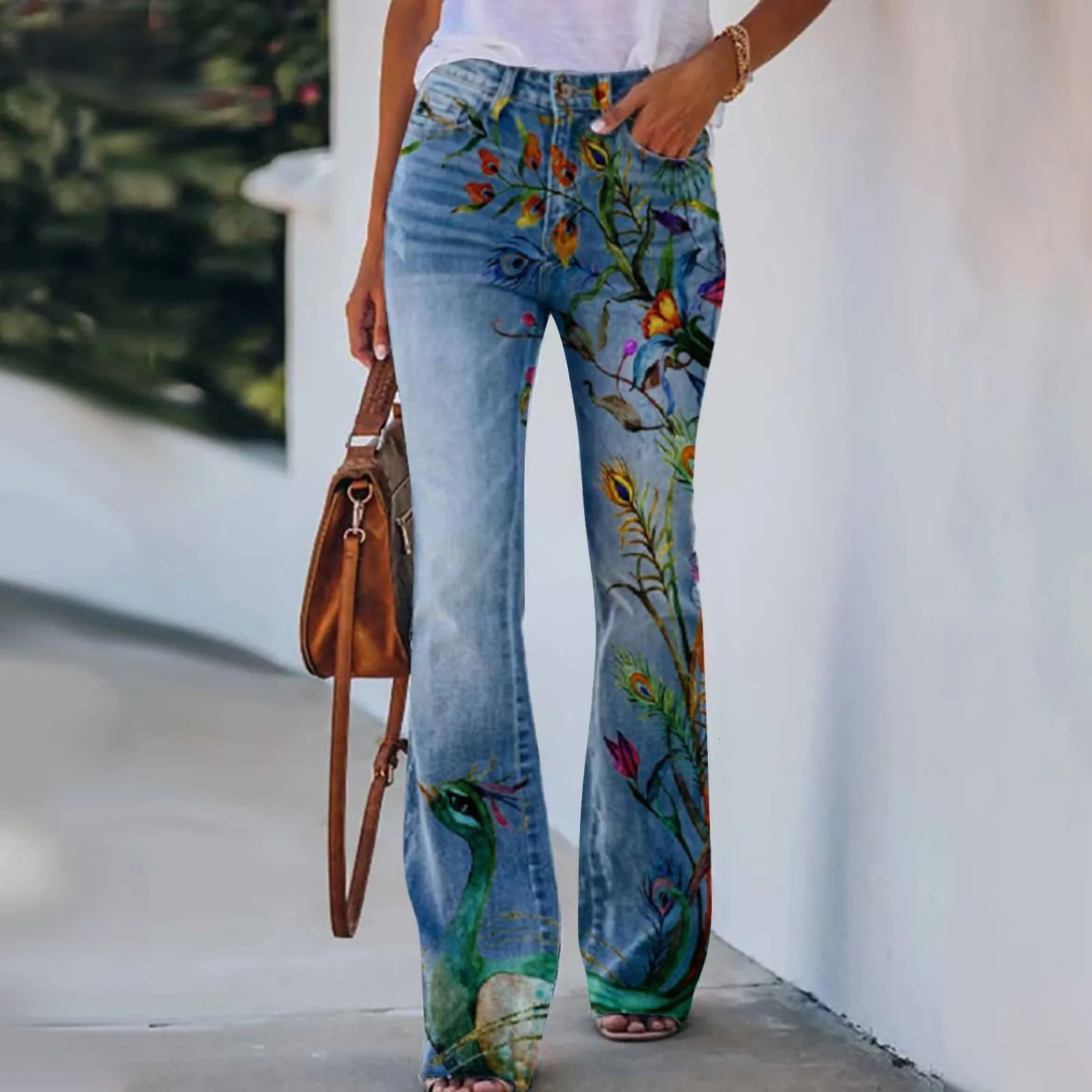 Multicolor Boho Floral Embroidered Flared Jeans For Women For