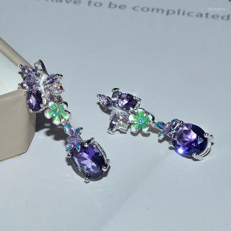 Stud Earrings Epoxy Purple Flower With Zircon Stone Butterfly Long For Women Fashion Jewelry Korean