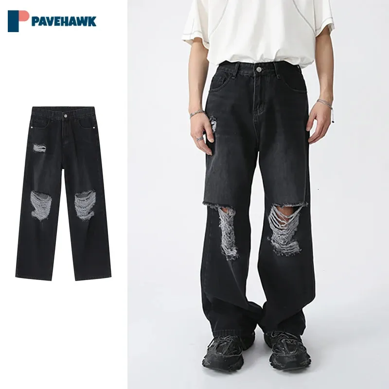 Jeans masculinos coreano homens baggy moda rua buraco design oversized reta denim calça retro harajuku preto calças de perna larga 231122