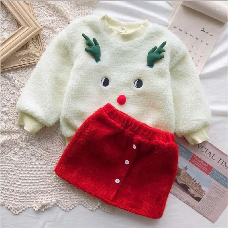 Pullover Girls Fashion European And American Christmas Plus Velvet Sweater Short Skirt Two-piece Suit Kids Clothes Winter Baby