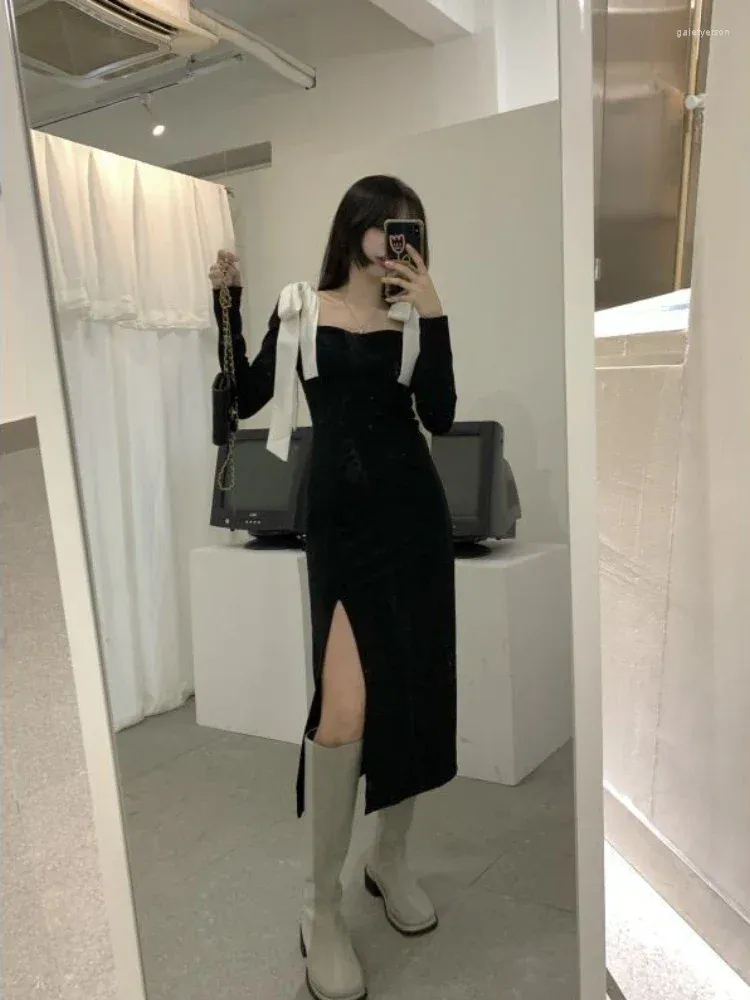 Casual Kleider Deeptown Coquette Y2K Schwarz Midi Einteiliges Kleid Frauen Koreanische Stil Split Langarm Bodycone Elegante Vestidos Herbst