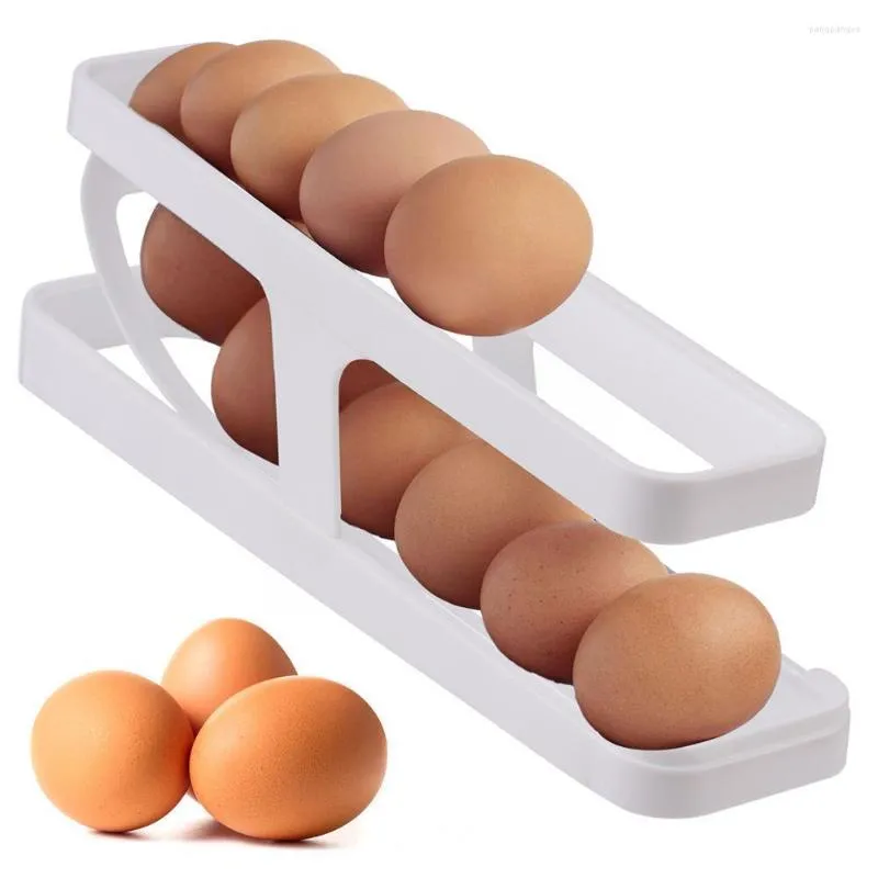 Storage Bottles Automatic Scrolling Egg Rack Holder Box Basket Container Organizer Refrigerator Dispenser For Kitchen G9t2