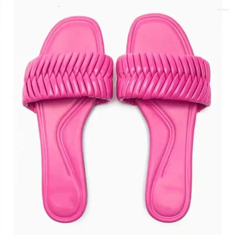 Rose Pink Leather Slides Open Toe Summer Sandals, Comfortable Flat  Gladiator Shoes, Stylish Casual Women's Footwear