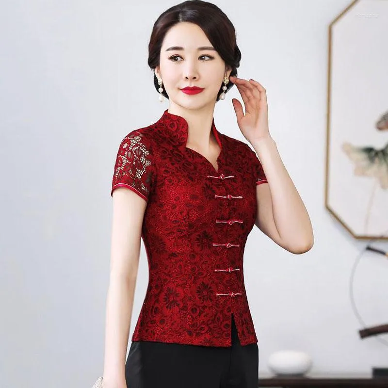 Ethnic Clothing Cheongsam Women Plus Size Tops 2023 Lace Hollow Out Short Sleeve Traditional Chinese Style Red Tang Costume Qipao Shirts