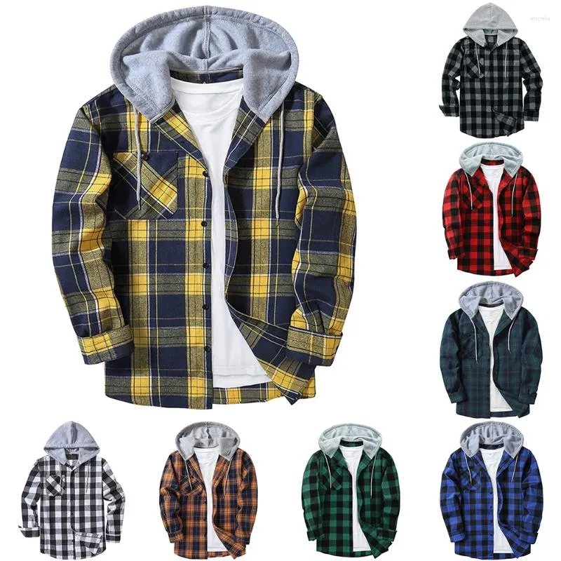 Men's Hoodies Men Plaid Long Sleeve Hooded Shirts Button Work Drawstring Casual Tops Cardigan Down Coat Hoodie