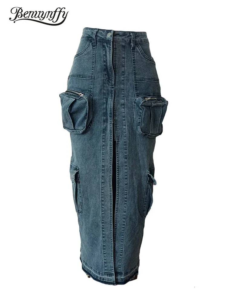 Kjolar benuynffy streetwear multiple fockna zip fluglast långa kvinnor y2k vintage lös hög split frayed hem denim maxi kjol 231123