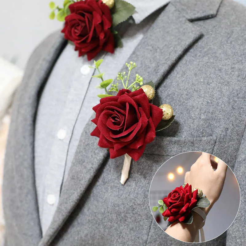 Other Fashion Accessories Casamento boutonniere noiva dama de honra pulso corsage noivo pinos pulso corsage flor seda vermelho simulao rosa boutonnier J230422