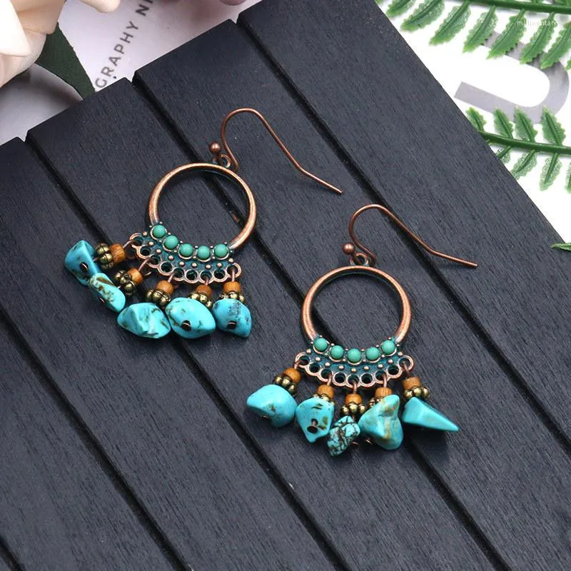 Dangle Boucles D'oreilles Bohême Femmes Bleu StoneWood Perles Gland Tibétain Vintage Bronze Grand Rond Cercle Danglers Orecchini Bijoux