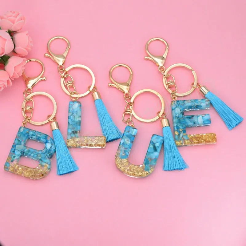Colgante de llavero Simple de 26 letras con borla azul para niñas, adorno colgante para bolso, iniciales de A-Z, accesorios para llaves de resina