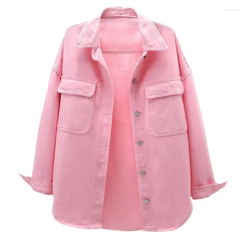 Women's Blouses Long Sleeve Denim Shirts Women Pink White Curved Hem Fashion 2023 Trend Loose Coat Autumn Tops Korean Stylish Big Pocket