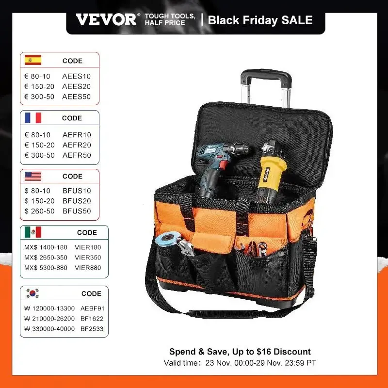 Tool Bag VEVOR Rolling Tool Bag Trolley Large Capacity Electrician Woodworking Tools Storage Bag Organizer Tote Professional Hardware 231122