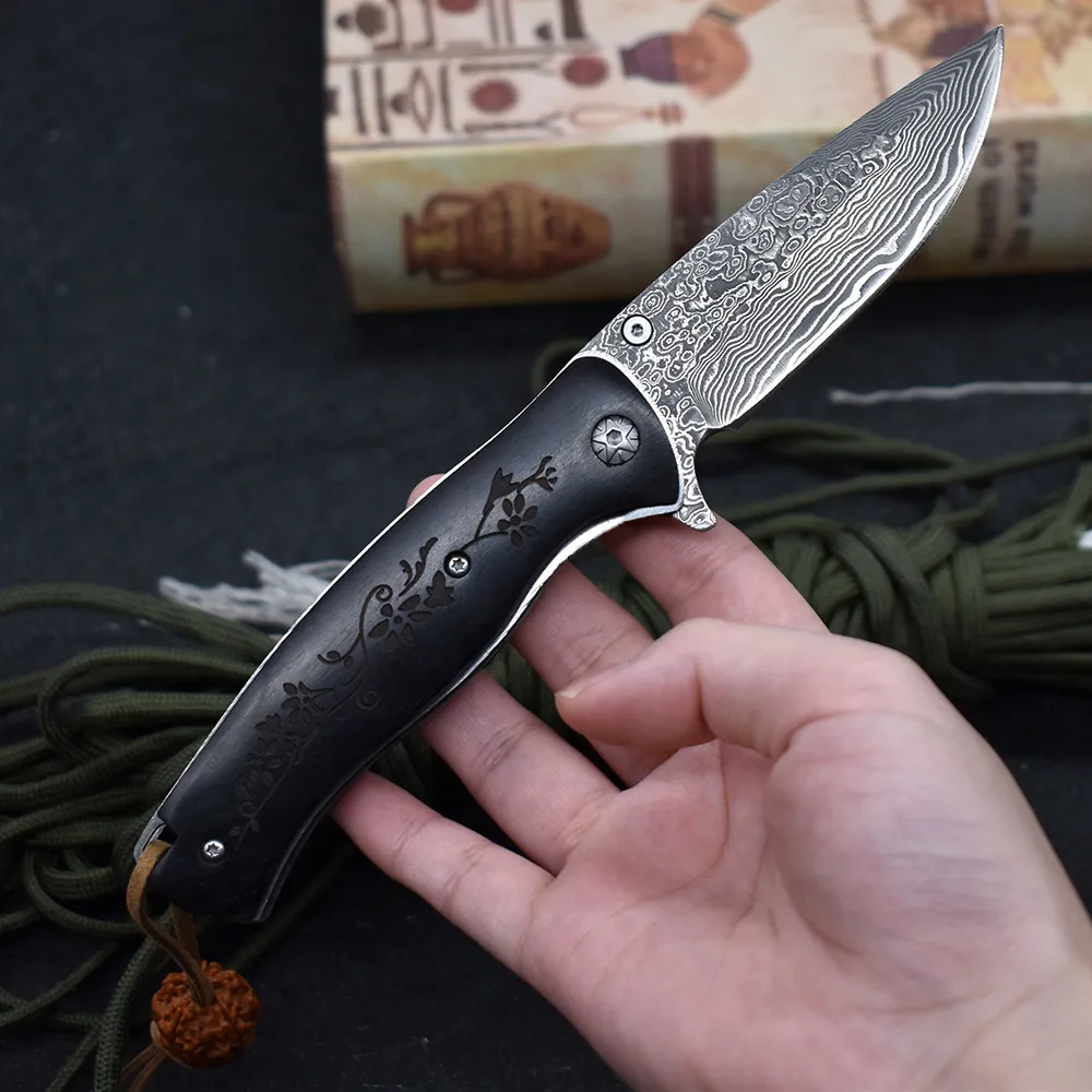 Fabrikspris A1899 Fold Knife Damascus stål Drop Point Blade Ebony Handle Boll Bearing Fast Open EDC Pocket Fapp Knivar Bästa gåva för män