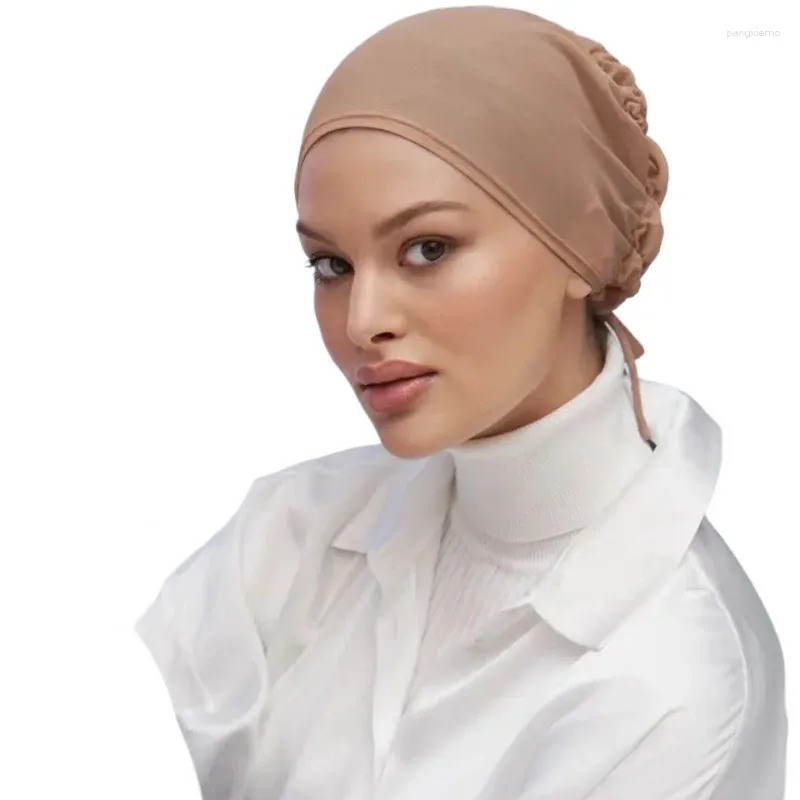 Vêtements ethniques Femmes musulmanes Jersey Hijab Polyester Sérigraphie Base Chapeau Élastique Casquette Plissée Couleur Solide Respirant Sjaal Hoofddoek