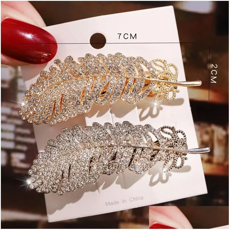 Saç klipsleri barrettes elmas tüy saç klips barrettes moda sier altın headdress saç tokası yay klips bobby pin dhvme