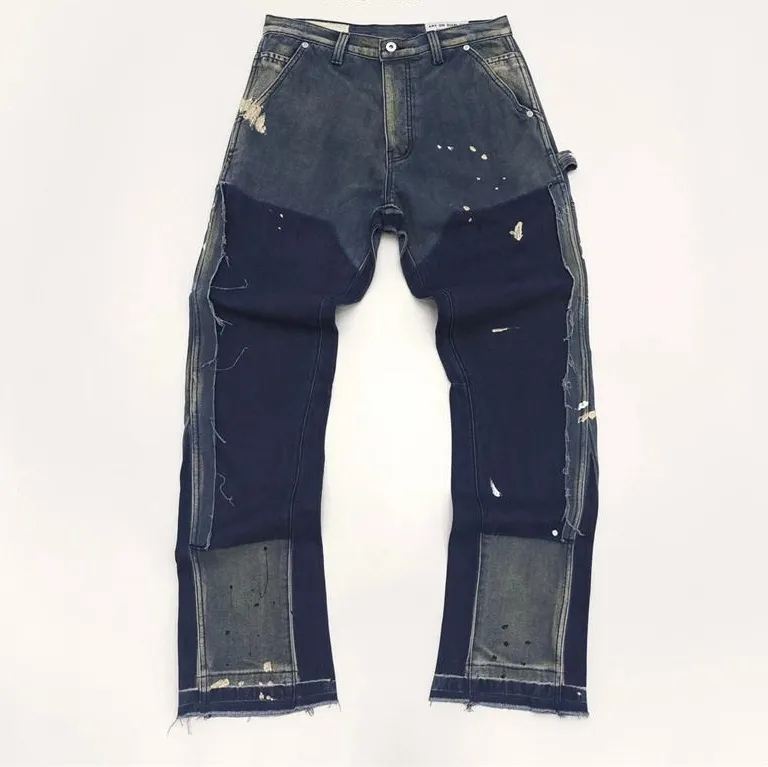 24SS Jean vintage de détresse pour hommes, pantalon cargo peint à double genou, printemps été