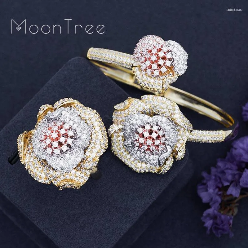 Halsband örhängen set moontree lyx blommig solblomma full kubik zirkoniumpose armband armband ringklänning för kvinnor