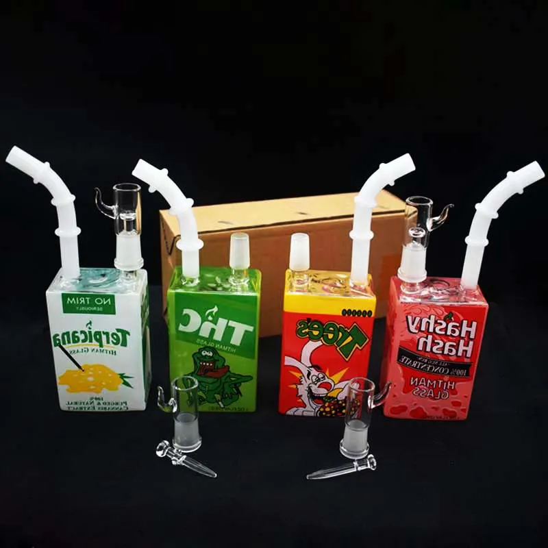 Boîte de jus de verre liquide de forme carrée Narguilé Dab Rigs Boîte de céréales Brûleur à mazout en verre Bong Pipes à fumer Pipe à eau Barboteur Bécher Cendrier avec tuyau de brûleur à mazout en verre