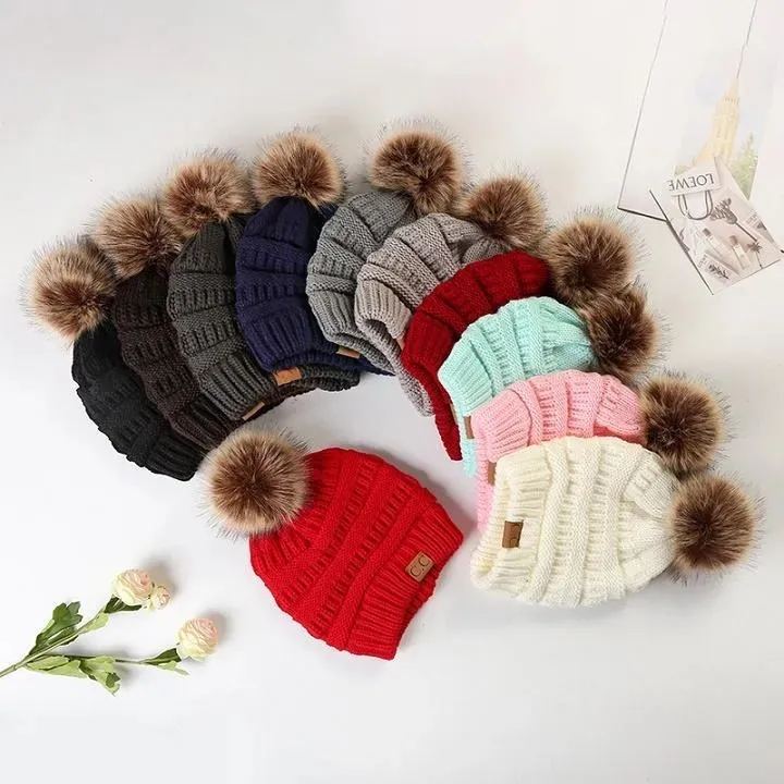 New Year's Gift 10 Designs Party Favor CC Adult Winter Warm Hat Women Soft Stretch Cable Knitted Pom Beanie Girl Ski Christmas