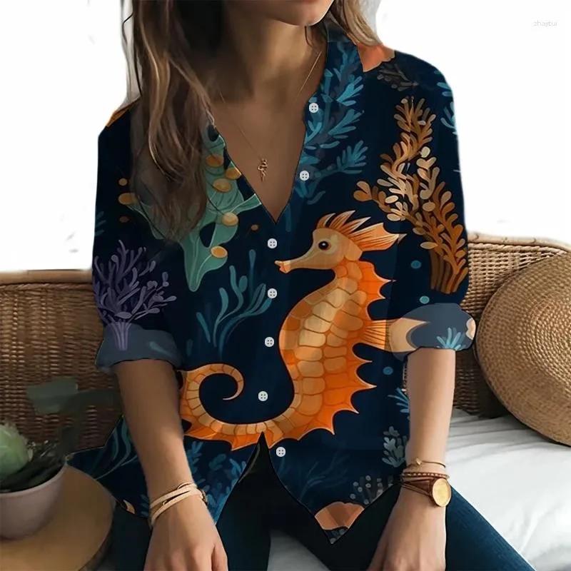 Women's Blouses Hawaiian Beach Party Style Ladies Long Sleeve Shirt Fashion Versatile 3D Printed Temperament Casual