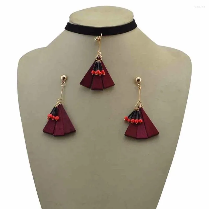 Idealway – ensemble de boucles d'oreilles et collier, pendentif en bois turc Antique, ensembles de boucles d'oreilles en cuir noir, ras du cou, bijoux de fête d'été