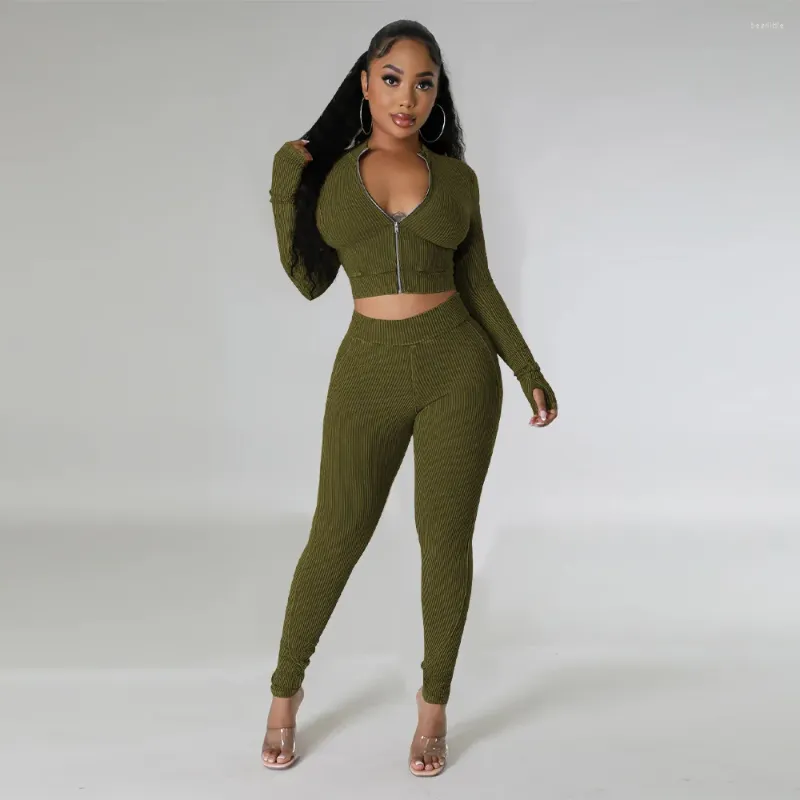 Kvinnors tvåbitar byxor Zoctuo Knit Tracksuit Fall Clothes Lång ärm blixtlås med Crop Top Set Casual Warme Army Green Outfits