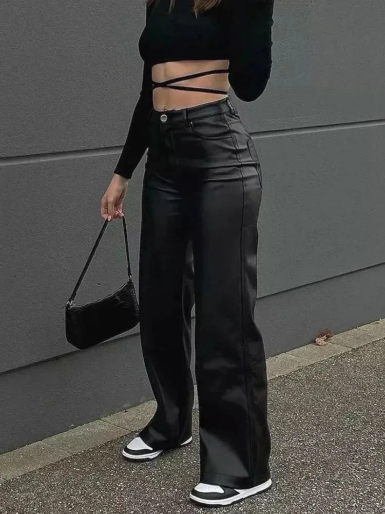 Pantalon femme s taille haute sexy pantalon en cuir PU mode Y2K Streetwear Vintage esthétique décontracté Baggy jambe large pantalon droit 231123