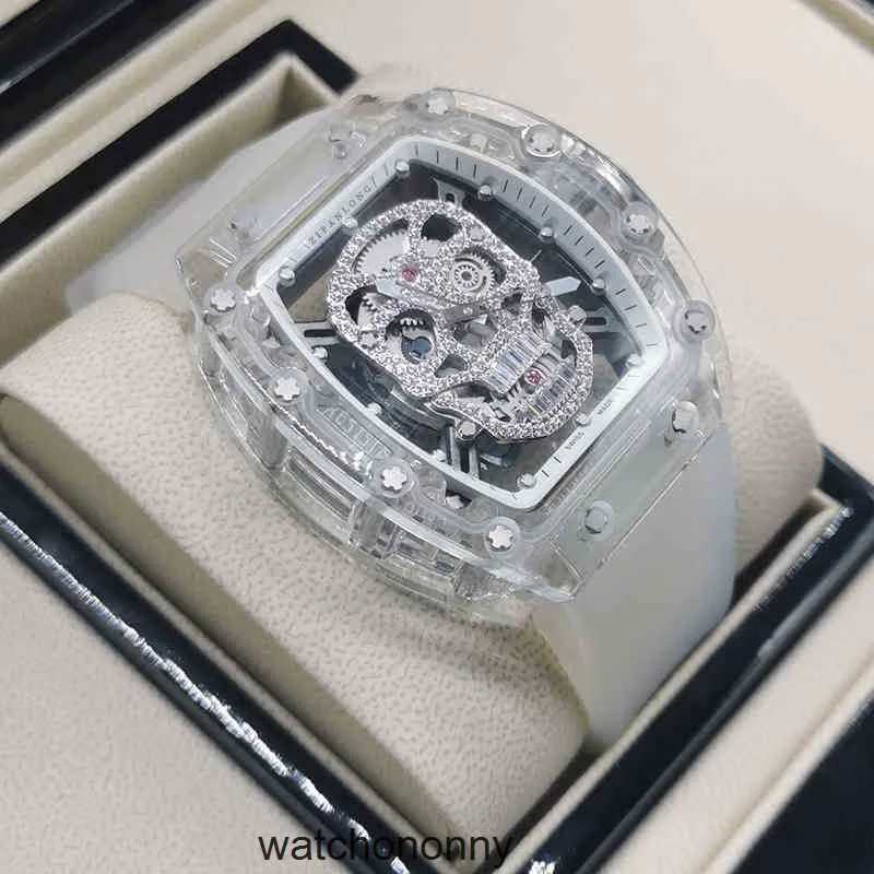 Transparenta herrklocka RM52 Personlighet Fashion Sports Cool Waterproof Hollow Out Large Dial Square Skull Mechanicals