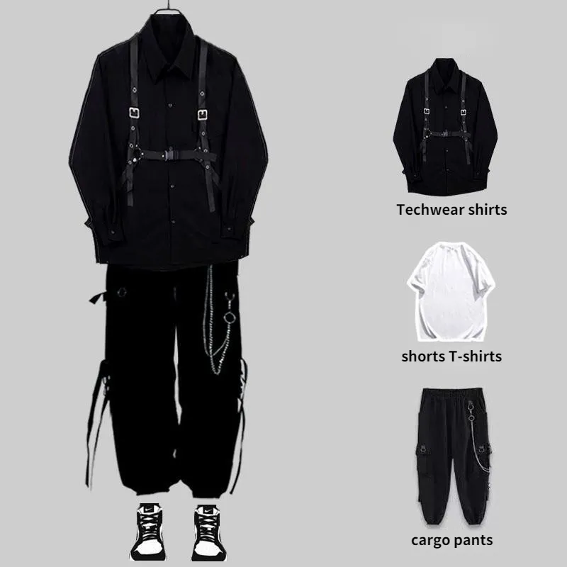 Tute da uomo HOUZHOU Techwear Set di pantaloni Uomo Punk Abiti da 3 pezzi Pantaloni cargo neri Camicie a maniche lunghe Streetwear coreano Hip Hop Primavera 230422